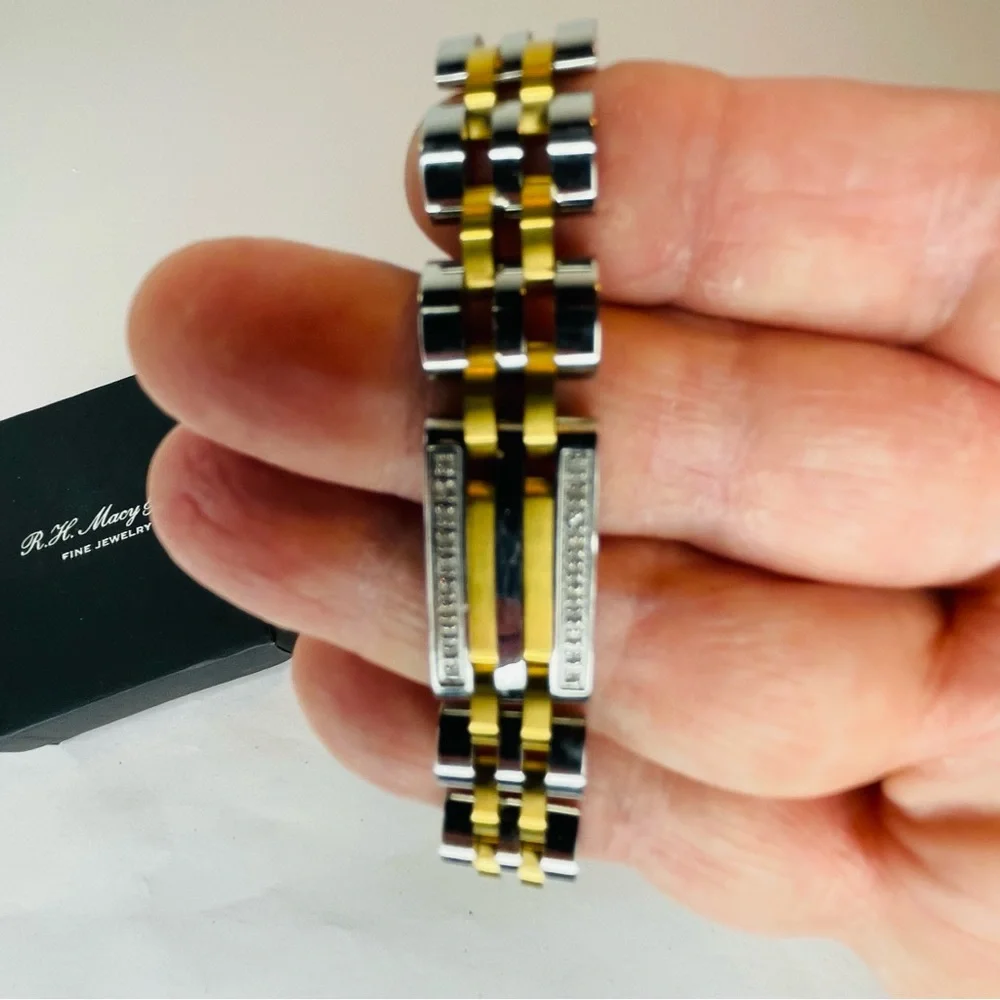 R.H. Macy Mens Two Toned Stainless Steel Metal Link Diamond Bracelet 9” Long - Picture 5 of 16